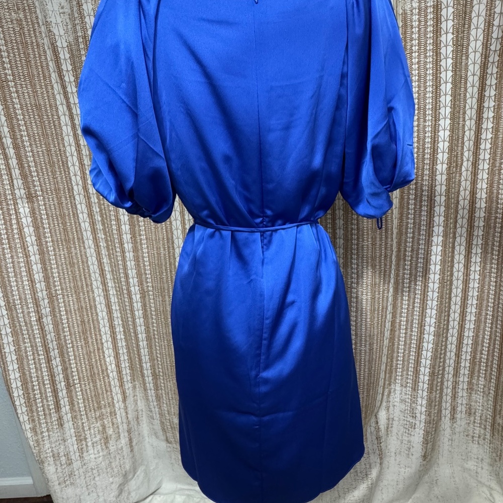 Ann Taylor Royal Blue Satin Dress | Size 6 | Puff Sleeve Tie Waist Midi Dress - Picture 2 of 10